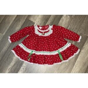 Vintage 80s 90s Baby Girl Floral Dress Smocked Red Green Ribbon Lace 18M